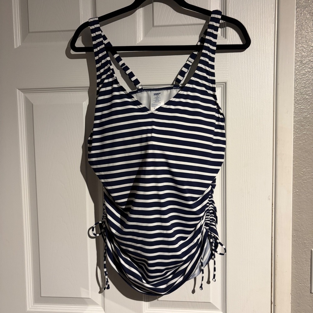 Lands End Navy White Striped Tankini Top Ruched Sides V-Neck Swimwear Size 14L